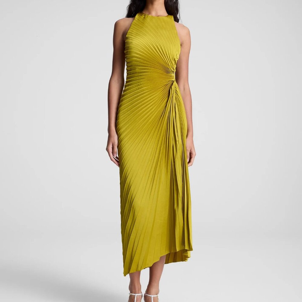 ALC Reagan Pleated midi dress | Chartreuse | Size 8